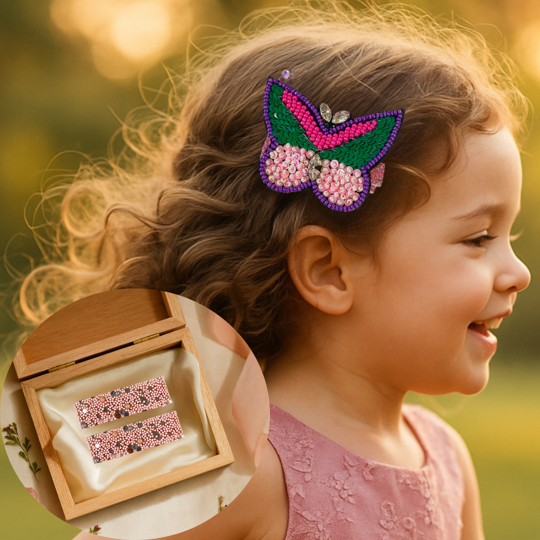 Green & Pink Beaded Butterfly & Beaded Pair Alligator Clip