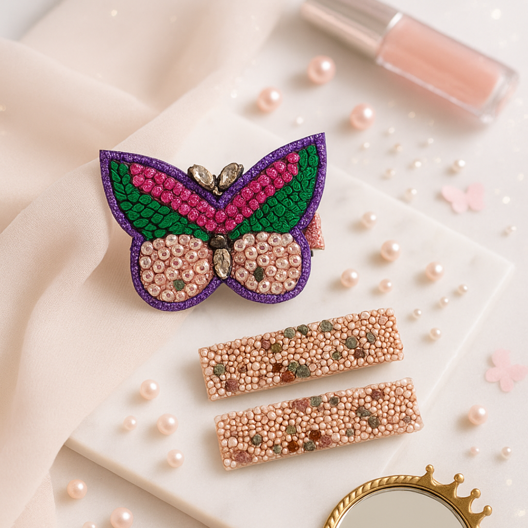 Green & Pink Beaded Butterfly & Beaded Pair Alligator Clip