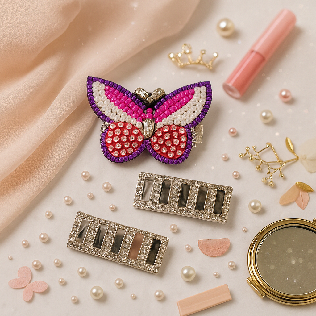 Red, Pink & White Beaded Butterfly & Beaded Pair Alligator Clip