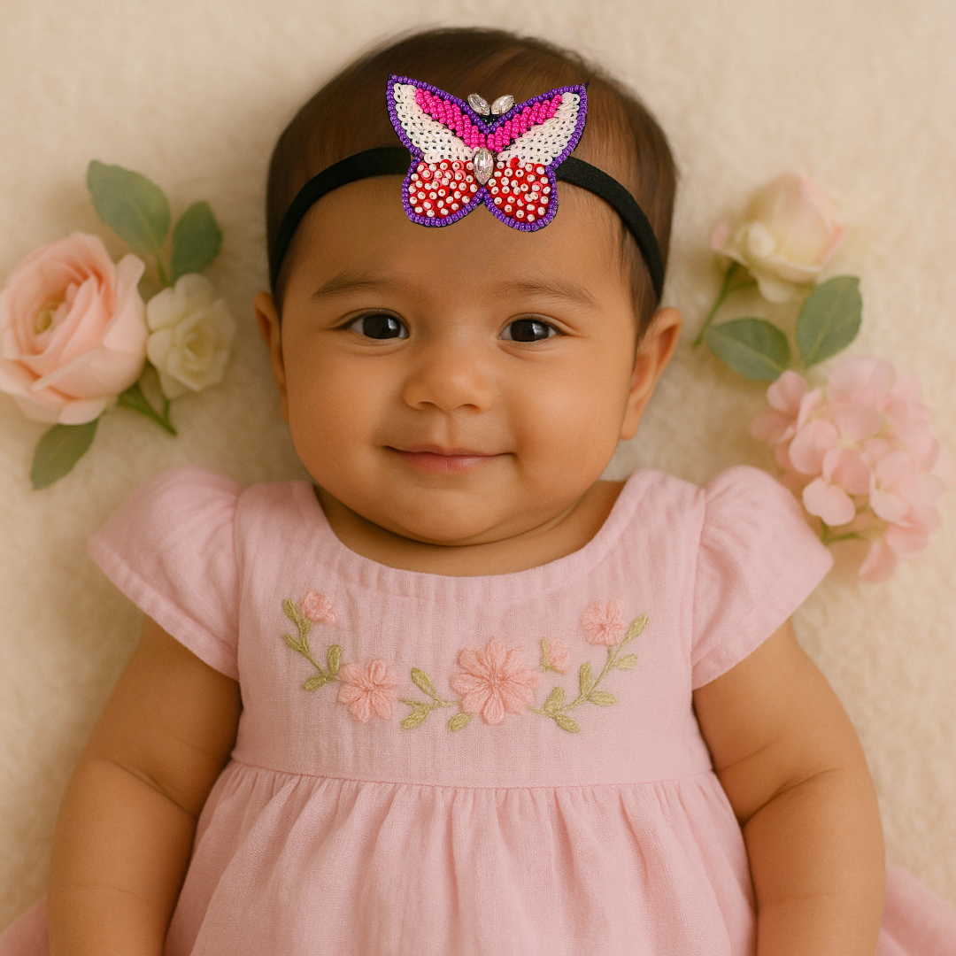 Red, Pink & White Beaded Butterfly Soft Headband