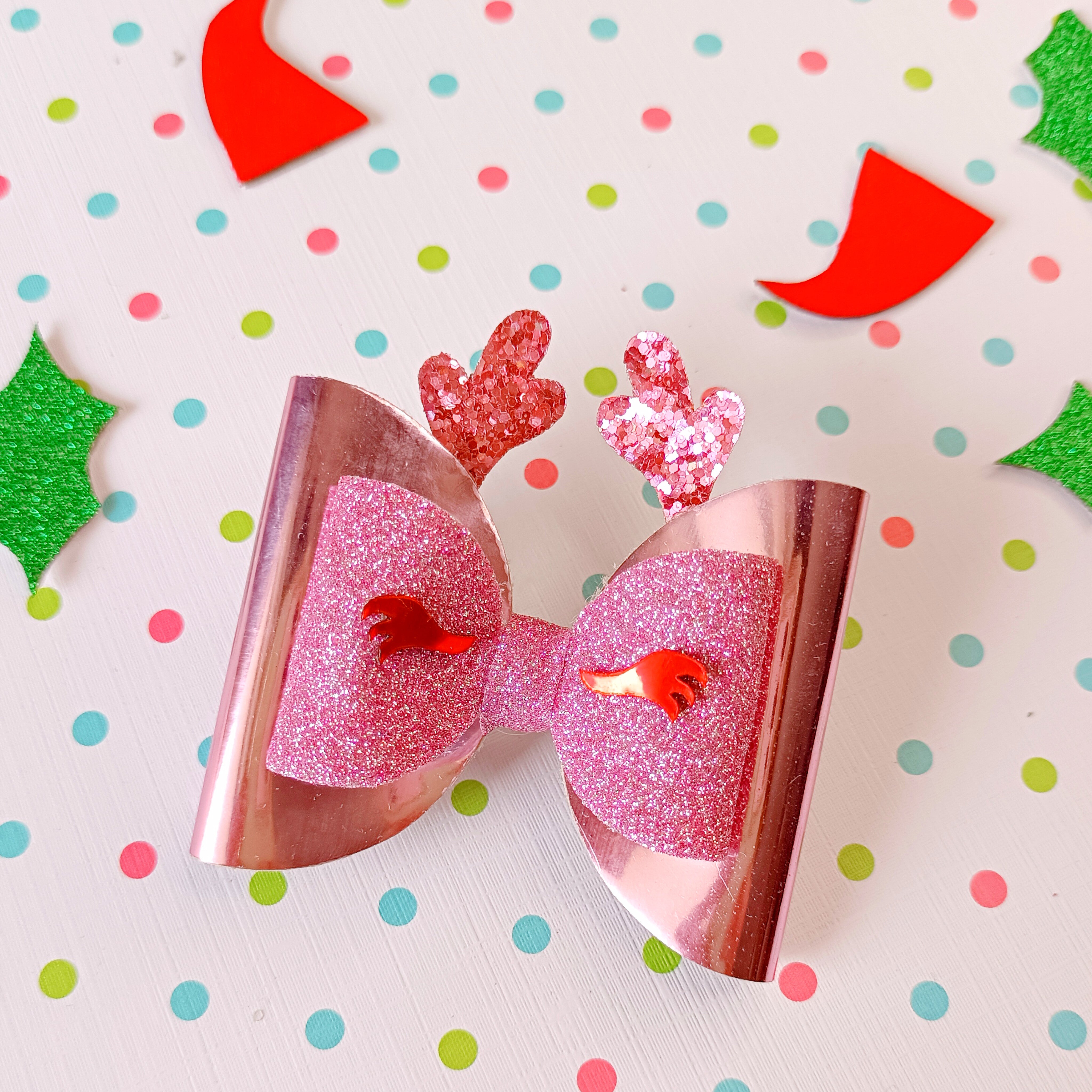 Reindeer Double Layered Bow - Pink