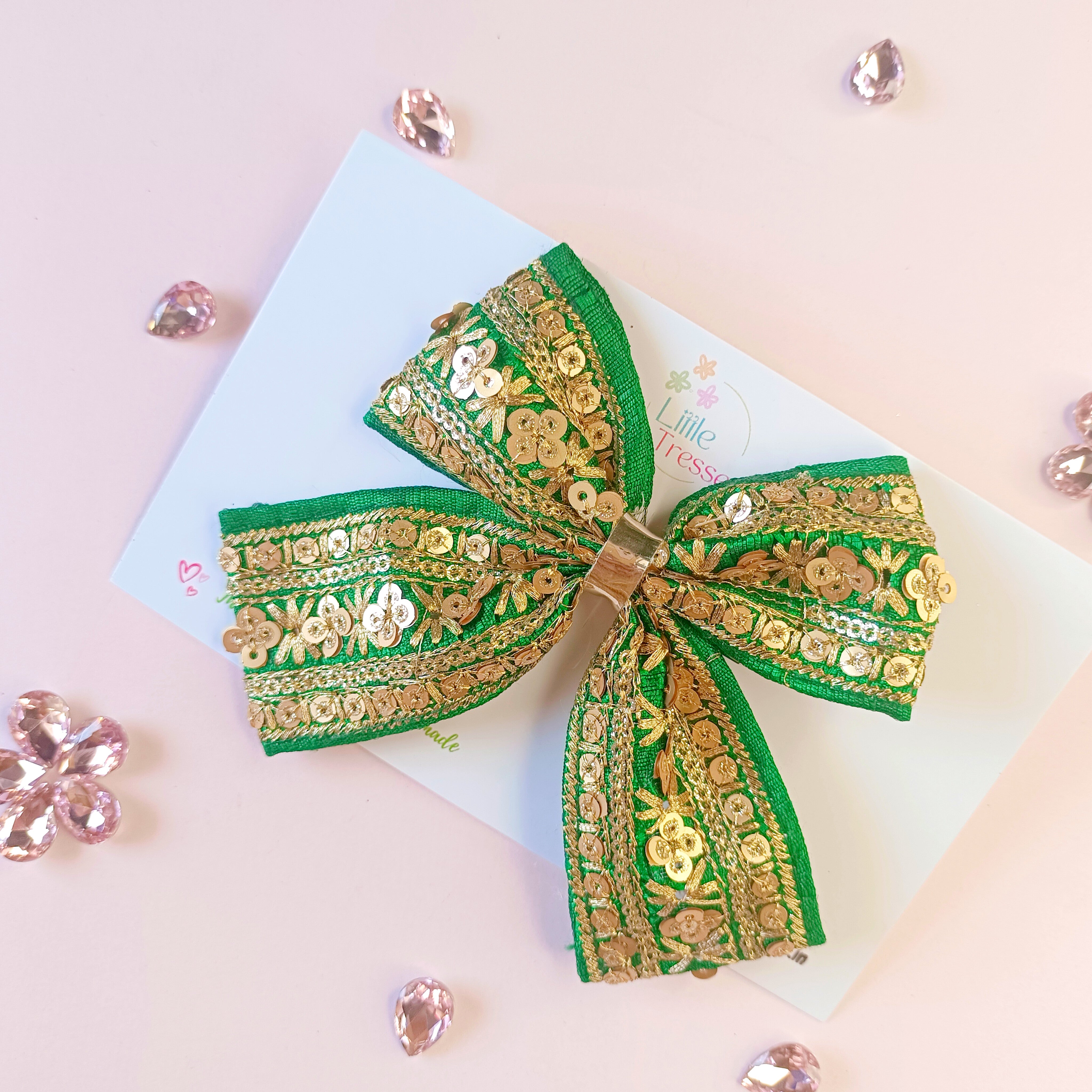 Piggy Tail Embroidery Bow Alligator Clip - Dark Green