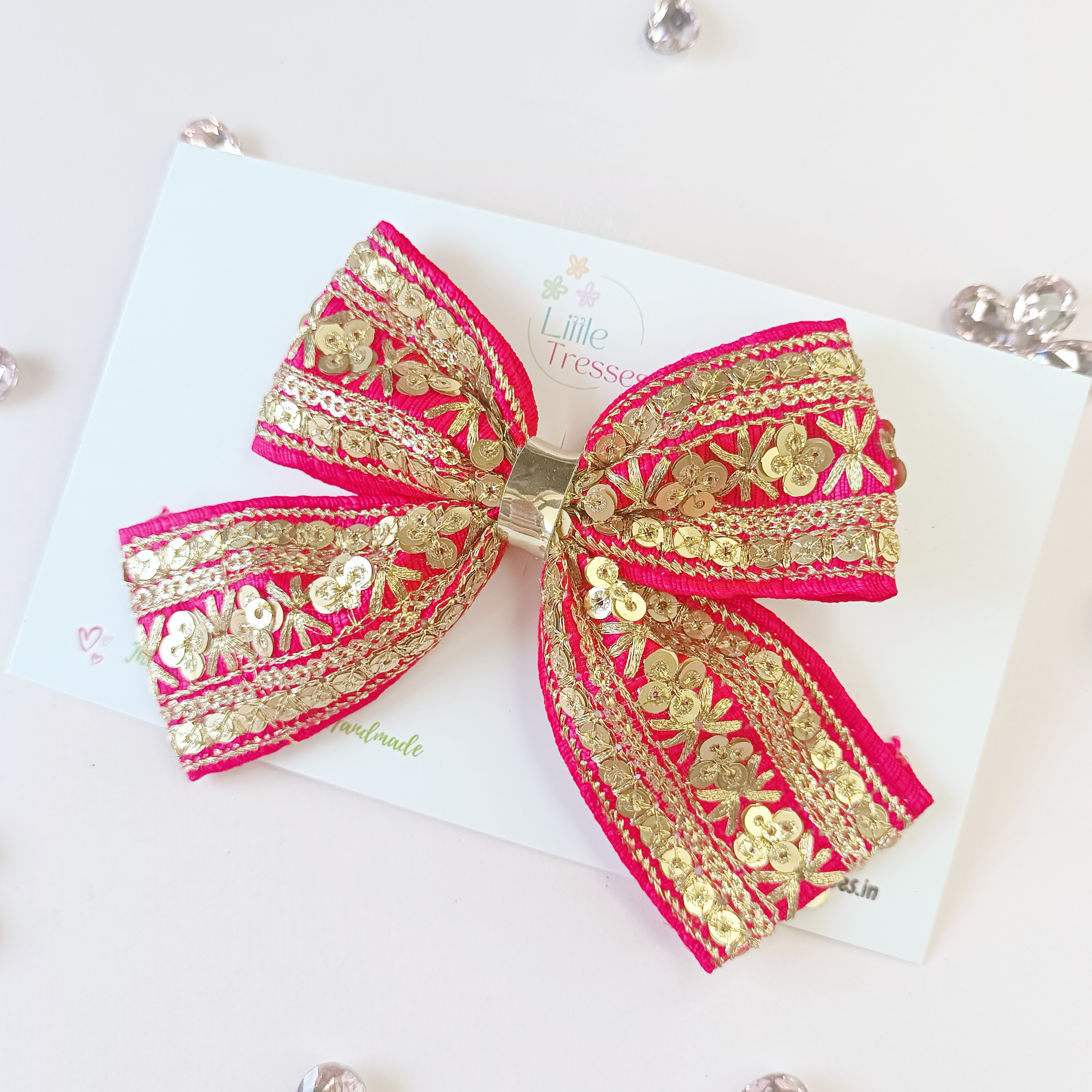 Piggy Tail Embroidery Bow Alligator Clip - Dark Pink