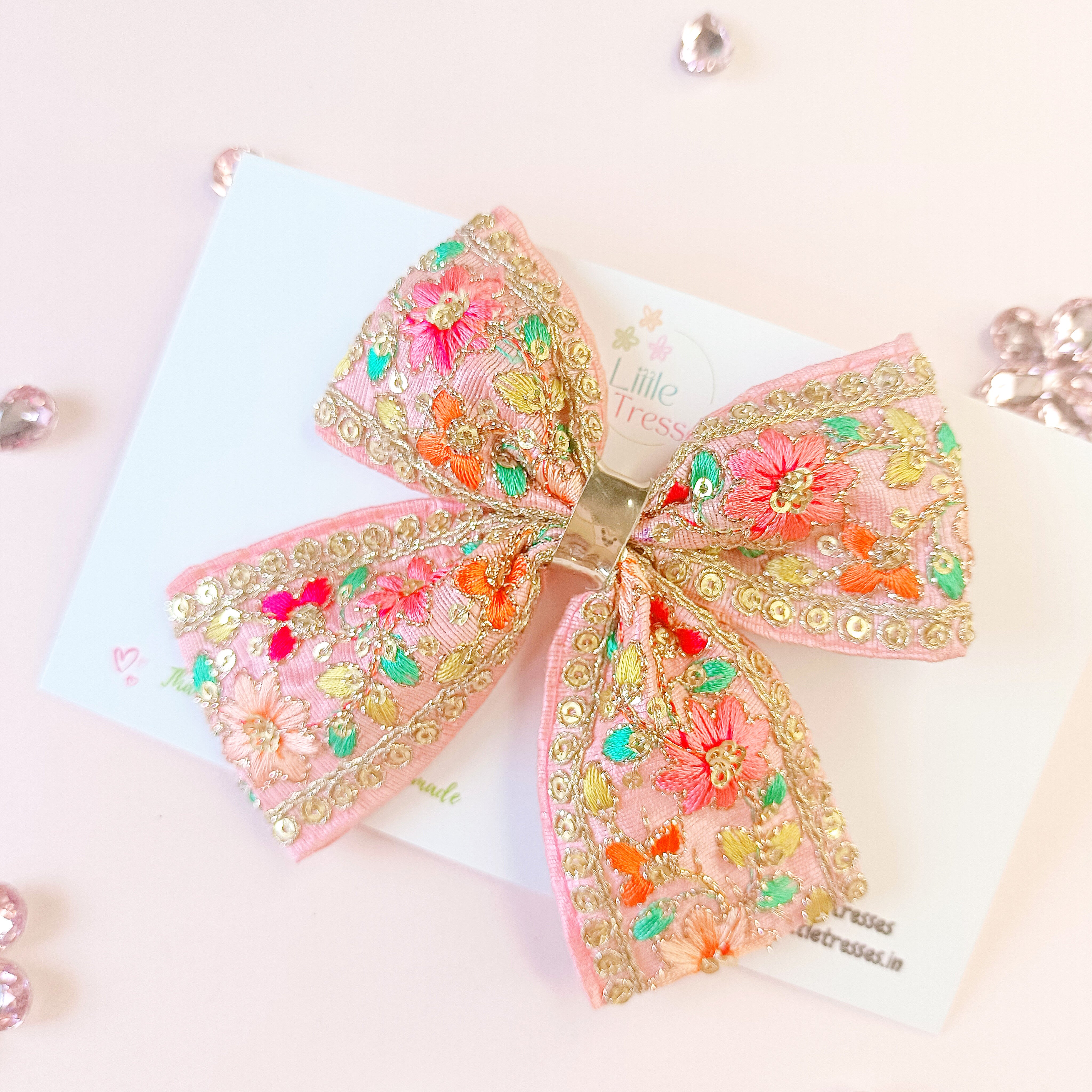 Piggy Tail Embroidery Bow Alligator Clip - Light Pink