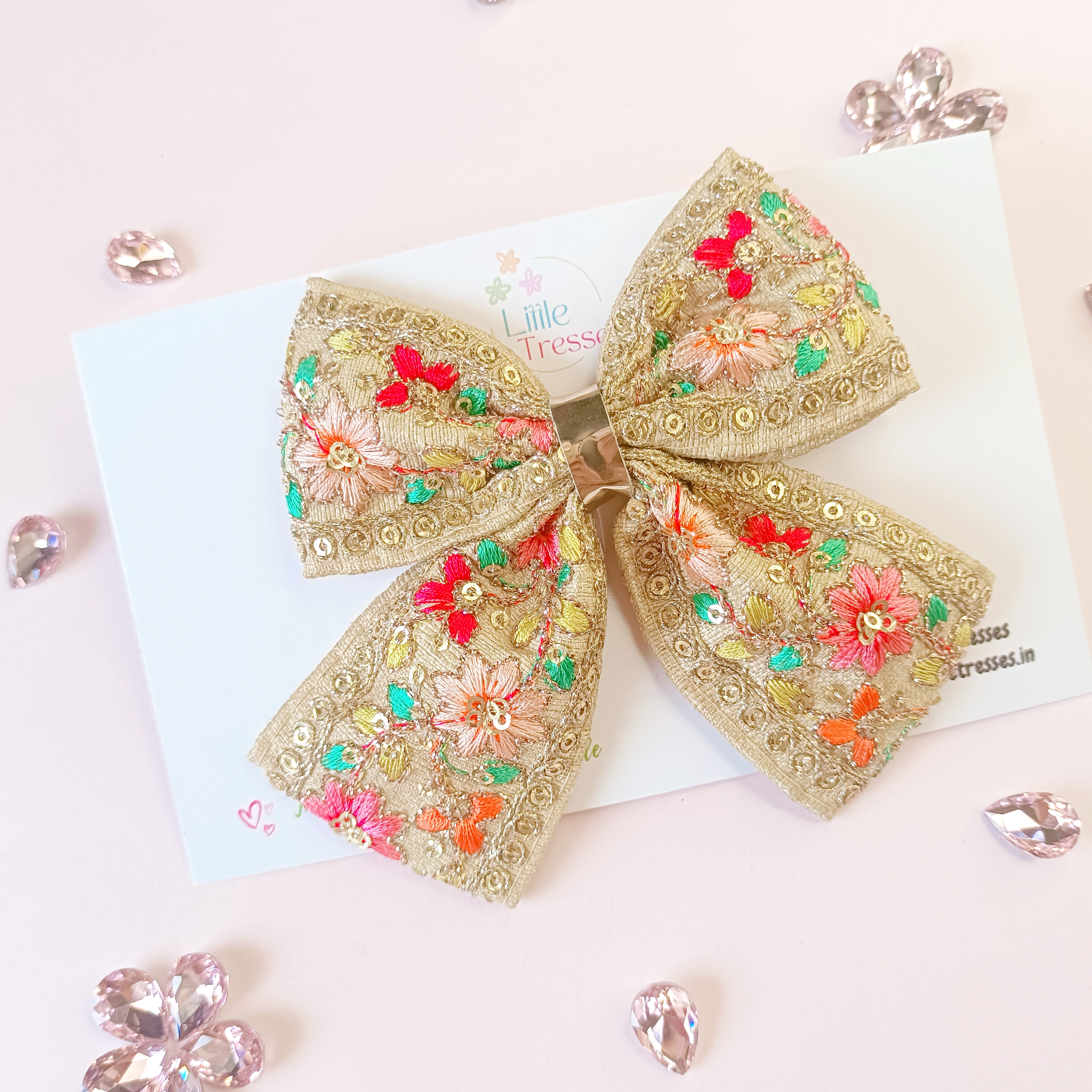 Embroidery Piggy Tail Bow Alligator Clip - 3 Colors