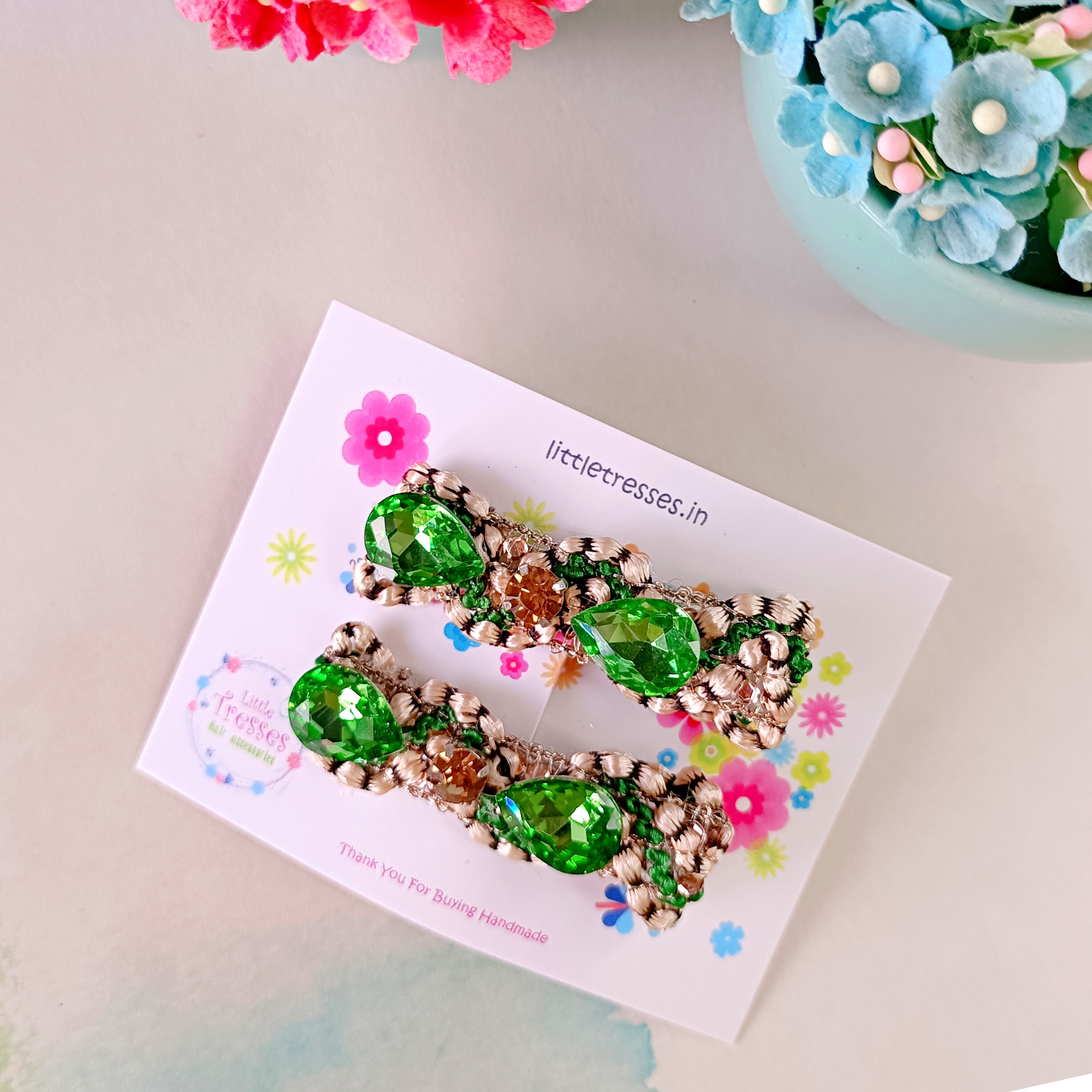 Blingy Clips with Rhinestones - Green