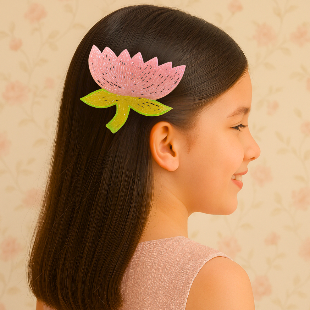 Beaded Light Pink Lotus & Flower Pair Combo Alligator Clip