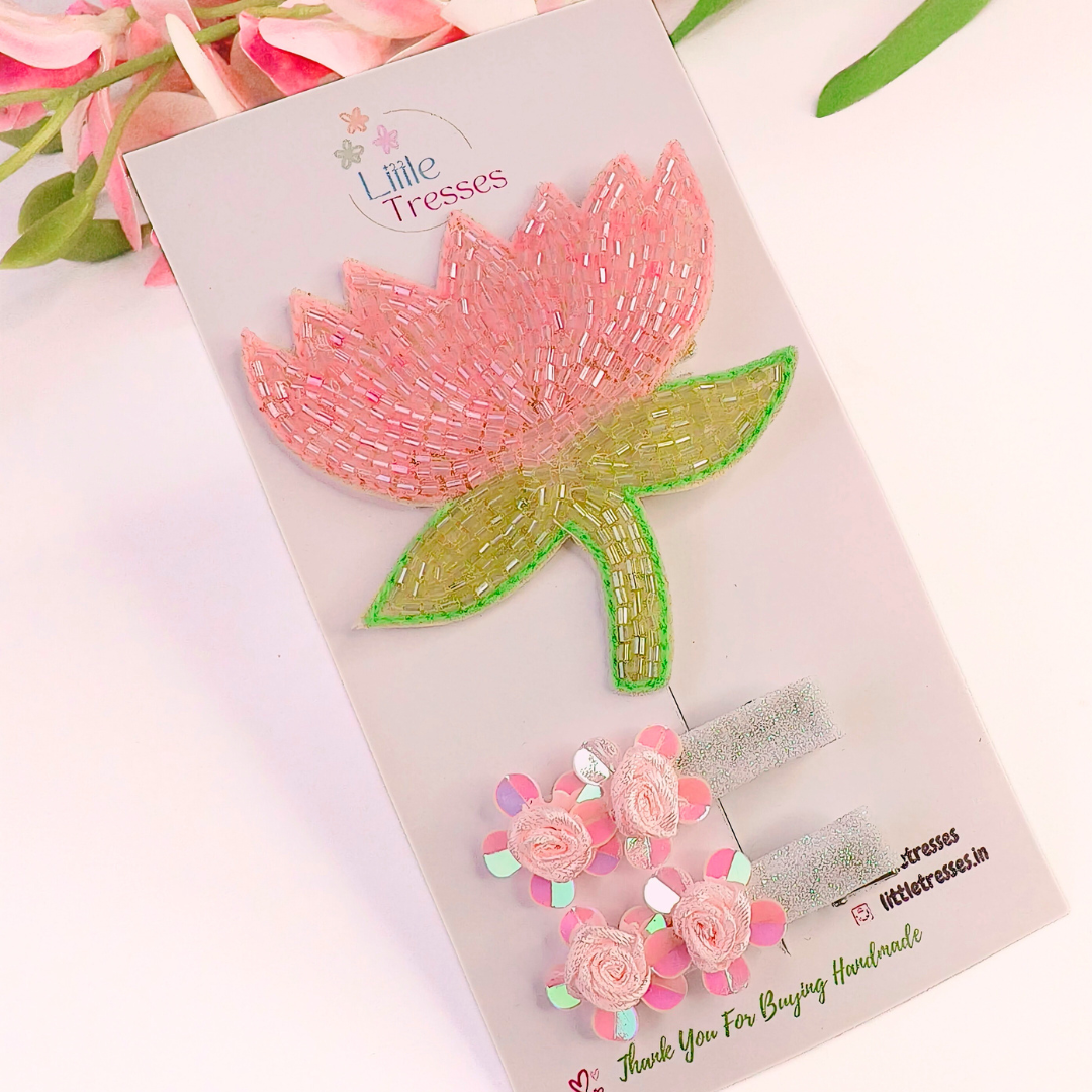 Beaded Light Pink Lotus & Flower Pair Combo Alligator Clip