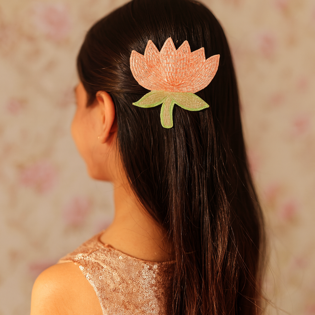 Beaded Peach Lotus & Flower Pair Combo Alligator Clip