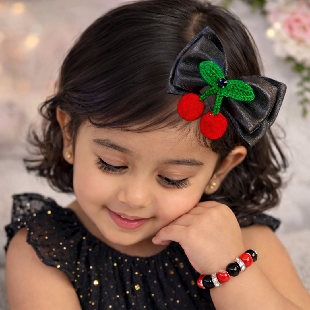 Double layer Cherry Bow Alligator Clip & Bracelet Combo - Black