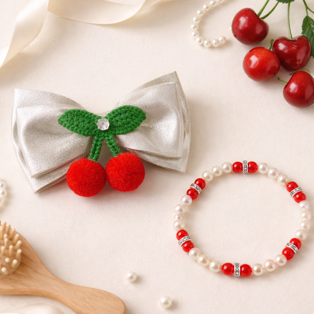Double layer Cherry Bow Alligator Clip & Bracelet Combo - Silver