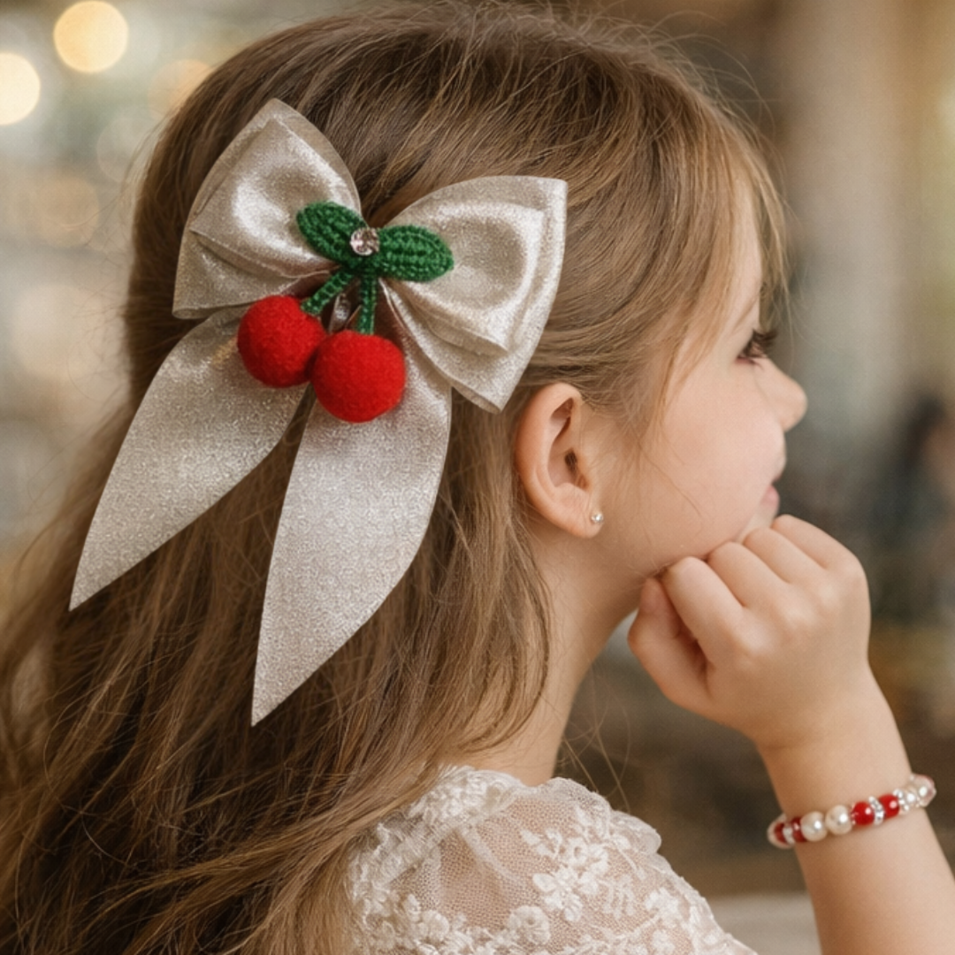 Cherry Crochet Piggy tail Bow Clips and Bracelet Combo - Silver