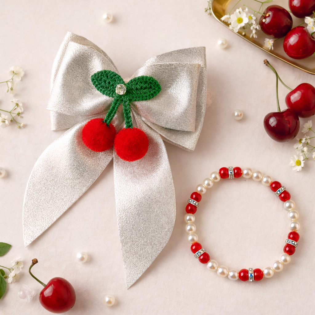 Cherry Crochet Piggy tail Bow Clips and Bracelet Combo - Silver