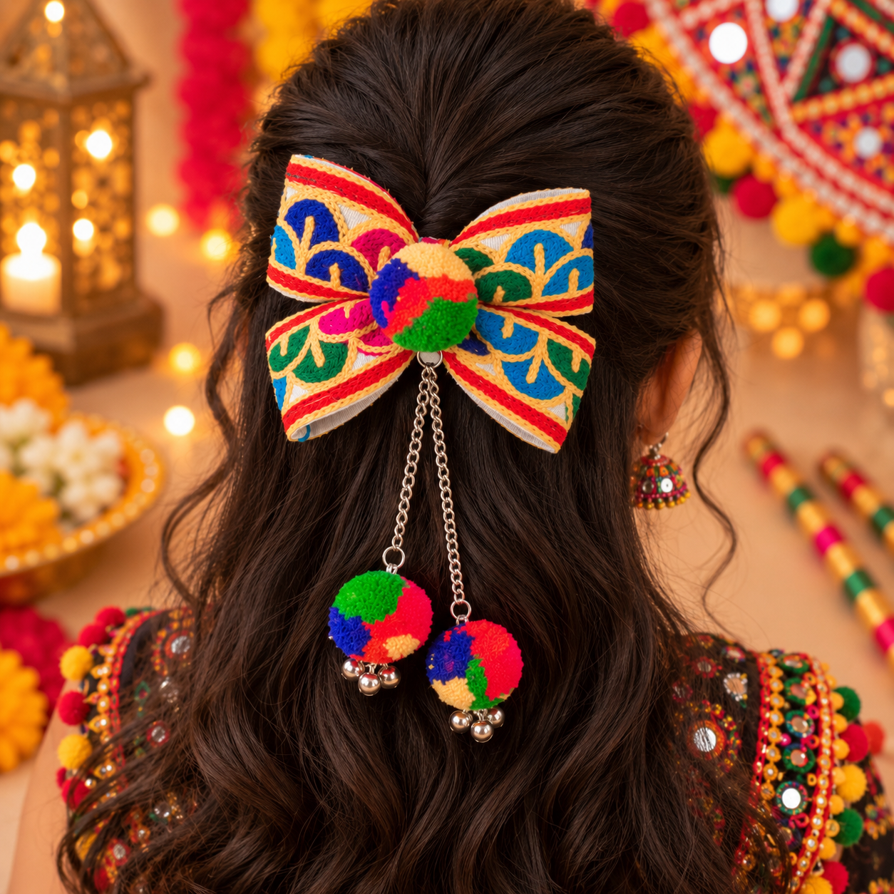 Navratri Multicolour Bow with Dangling Pom-Pom Alligator Clip