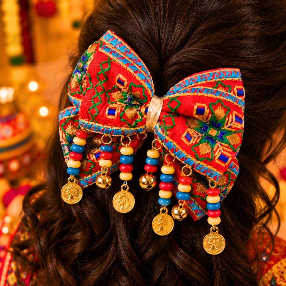 Rangeela Navratri Beaded Bow with Ghunghroo & Sikka Alligator Clip – Red