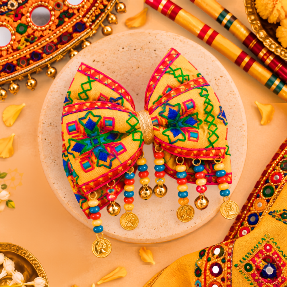 Rangeela Navratri Beaded Bow with Ghunghroo & Sikka Alligator Clip – Yellow