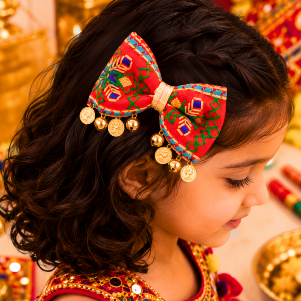 Rangeela Navratri Bow with Ghunghroo & Sikka Alligator Clip – Red