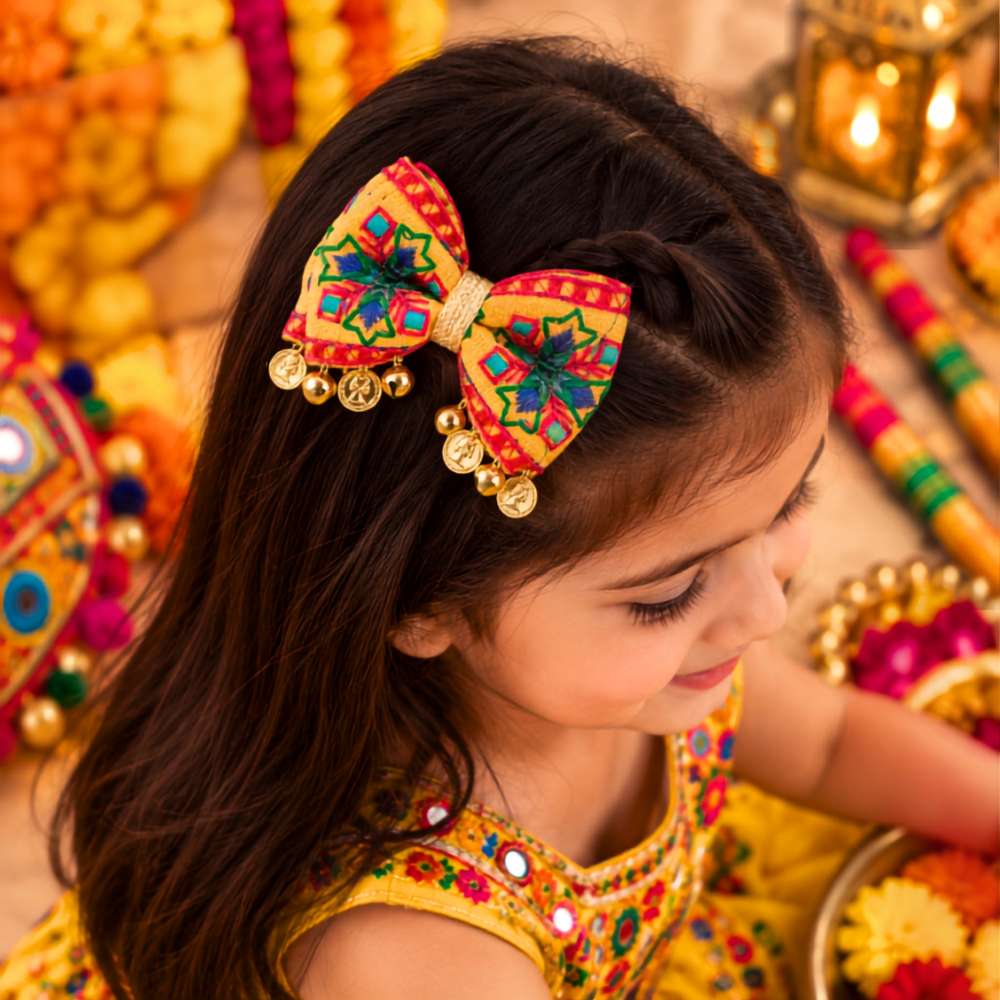 Rangeela Navratri Bow with Ghunghroo & Sikka Alligator Clip – Yellow