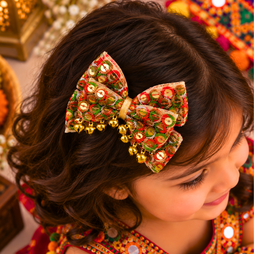 Sitaara Navratri Bow with Ghunghroo Alligator Clip – Orange & Green