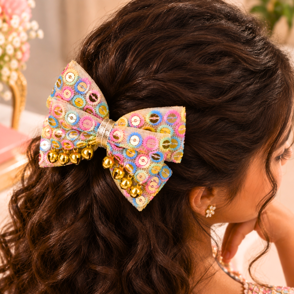 Sitaara Navratri Bow with Ghunghroo Alligator Clip – Pink & Blue