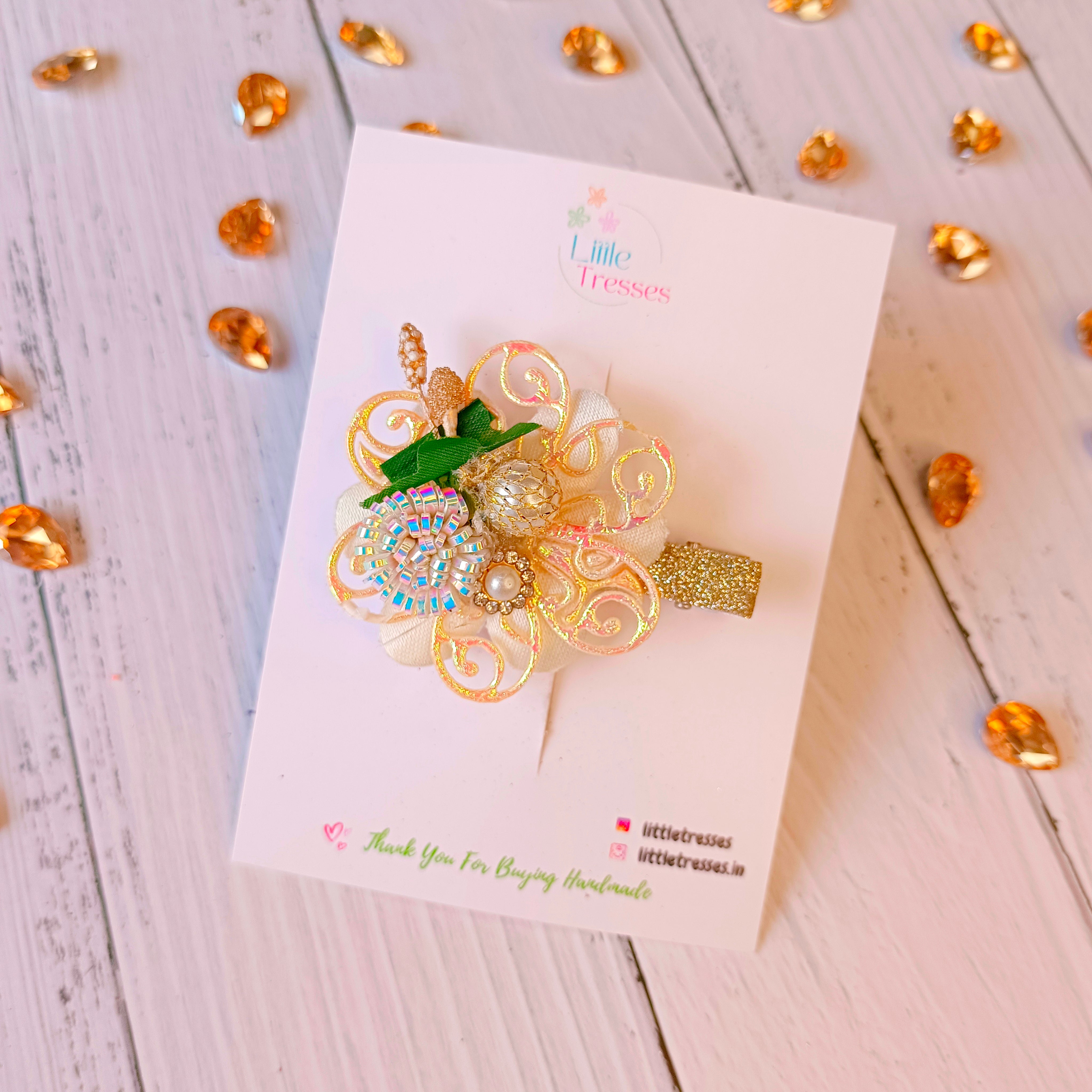 Designer Flower with Pollens Alligator Clip - Golden