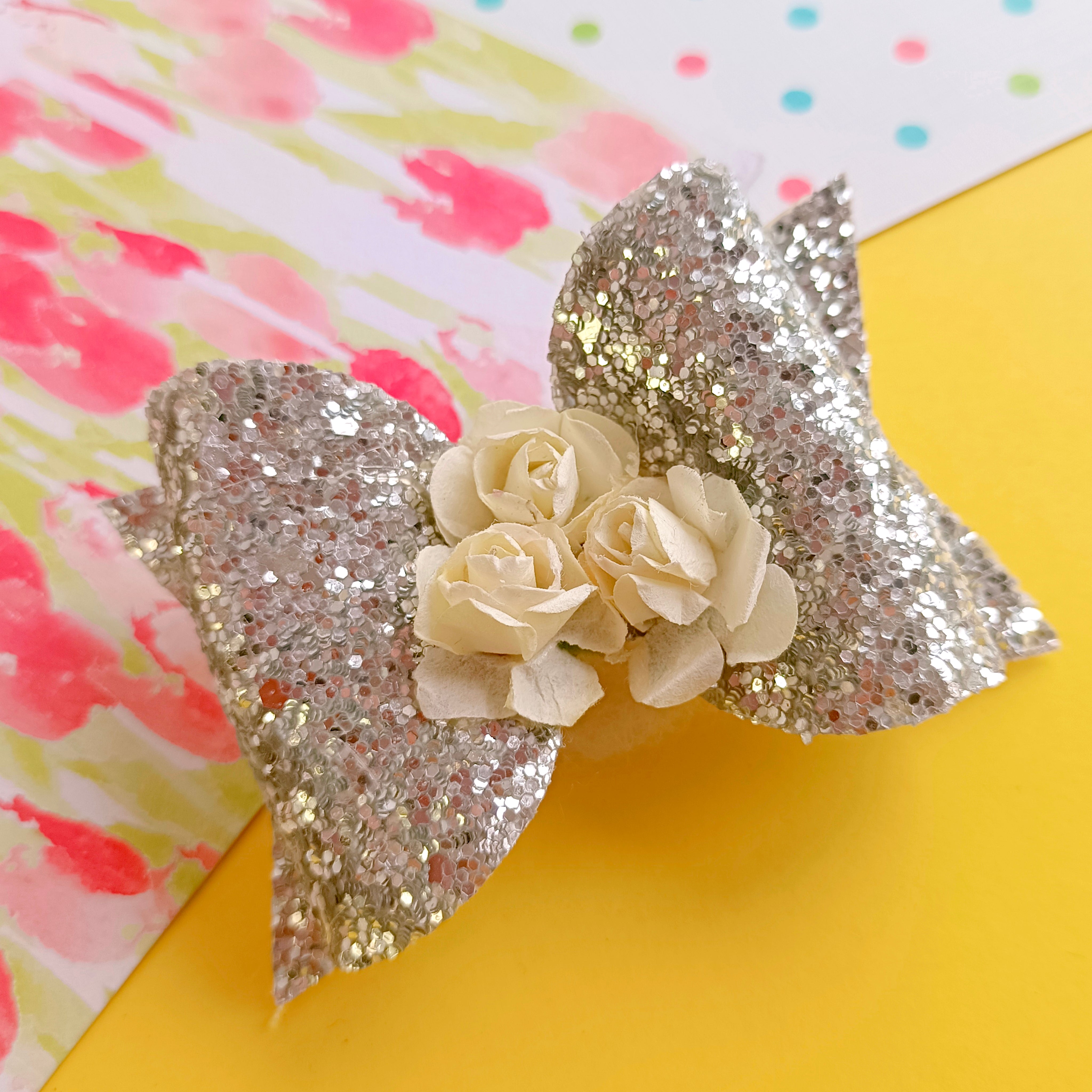 Glitter Bow with Flowers Alligator Clip - Silver