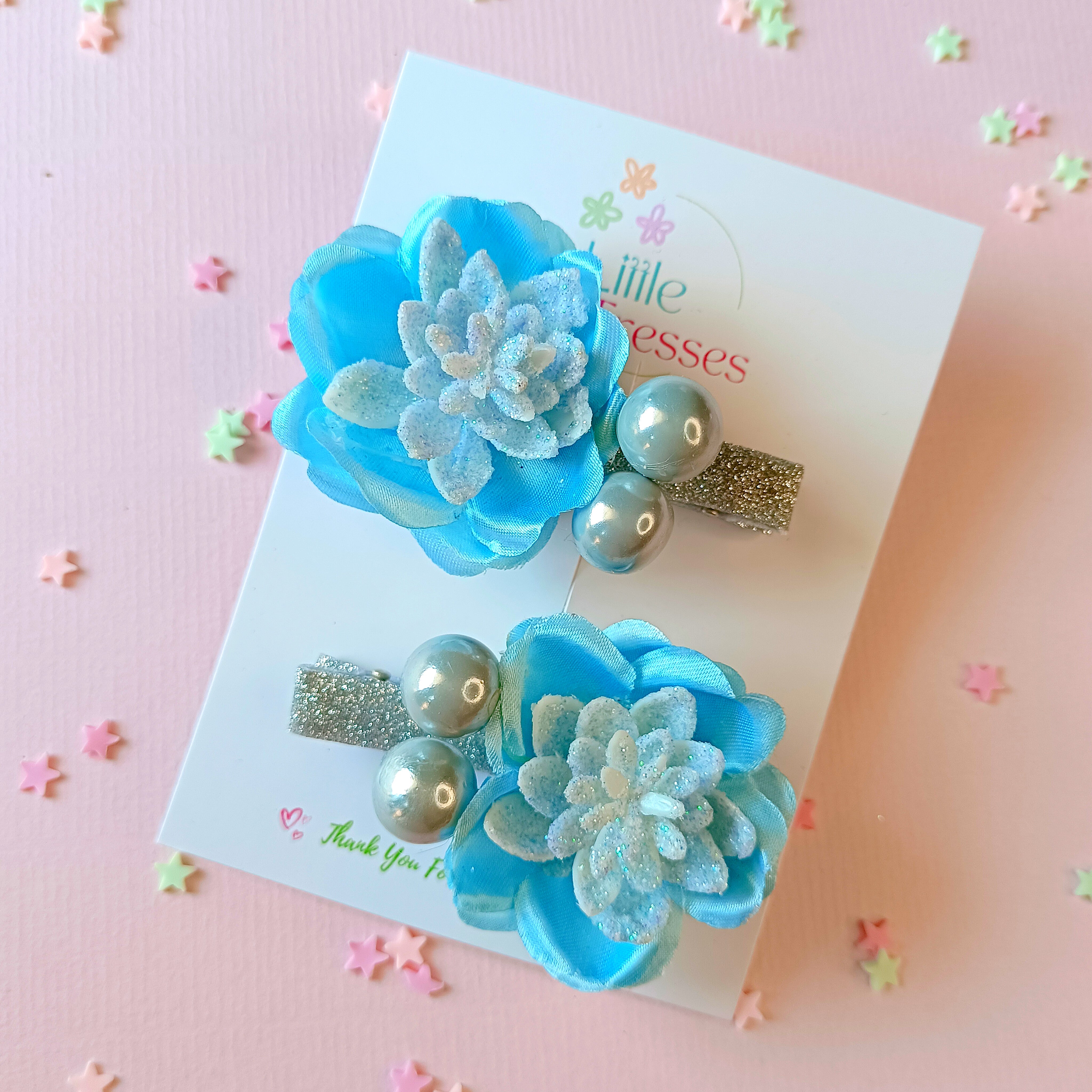 Designer Flower & Cherry Ball Alligator Clips Pair - Blue