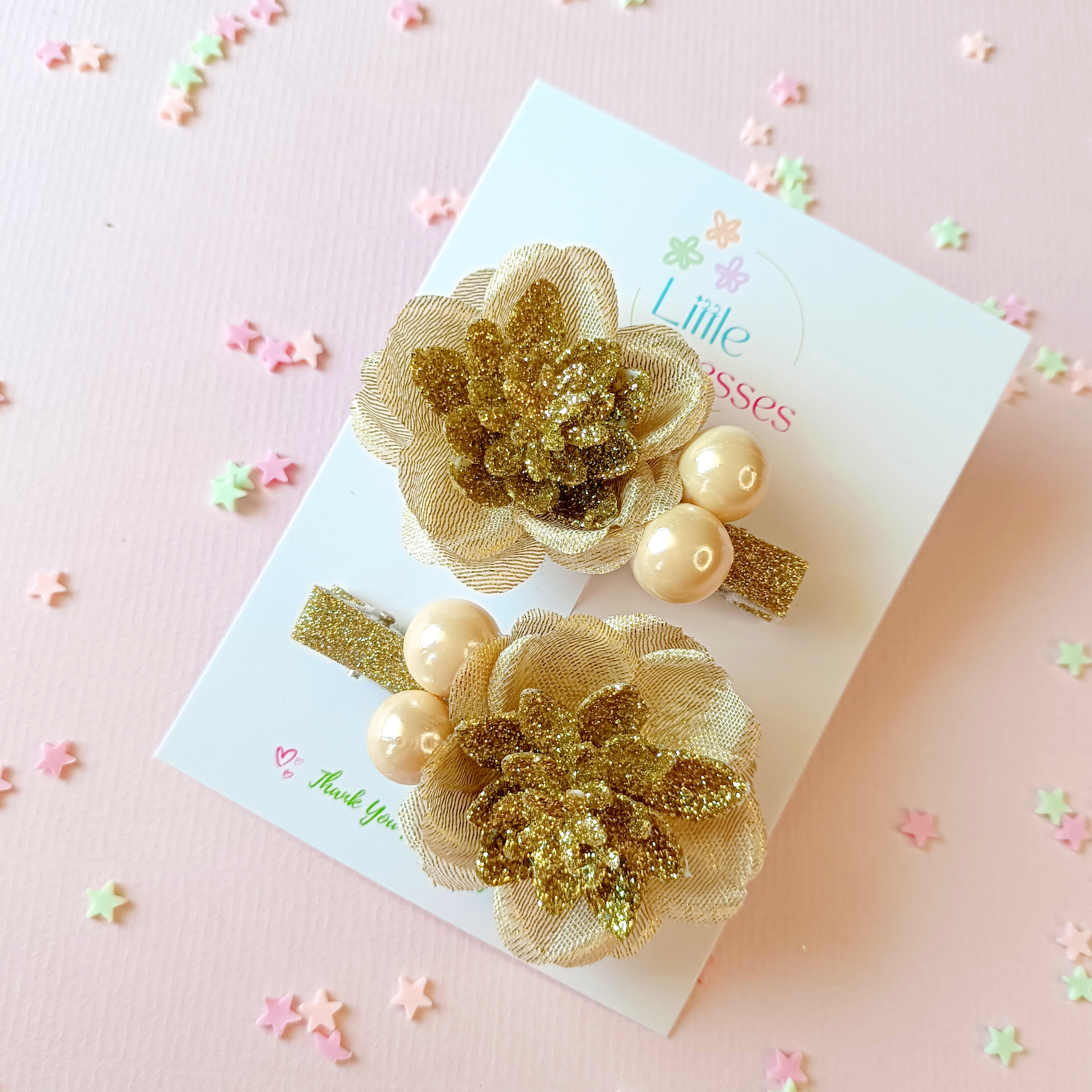 Flower & Cherry Ball Alligator Clips Pair - Golden