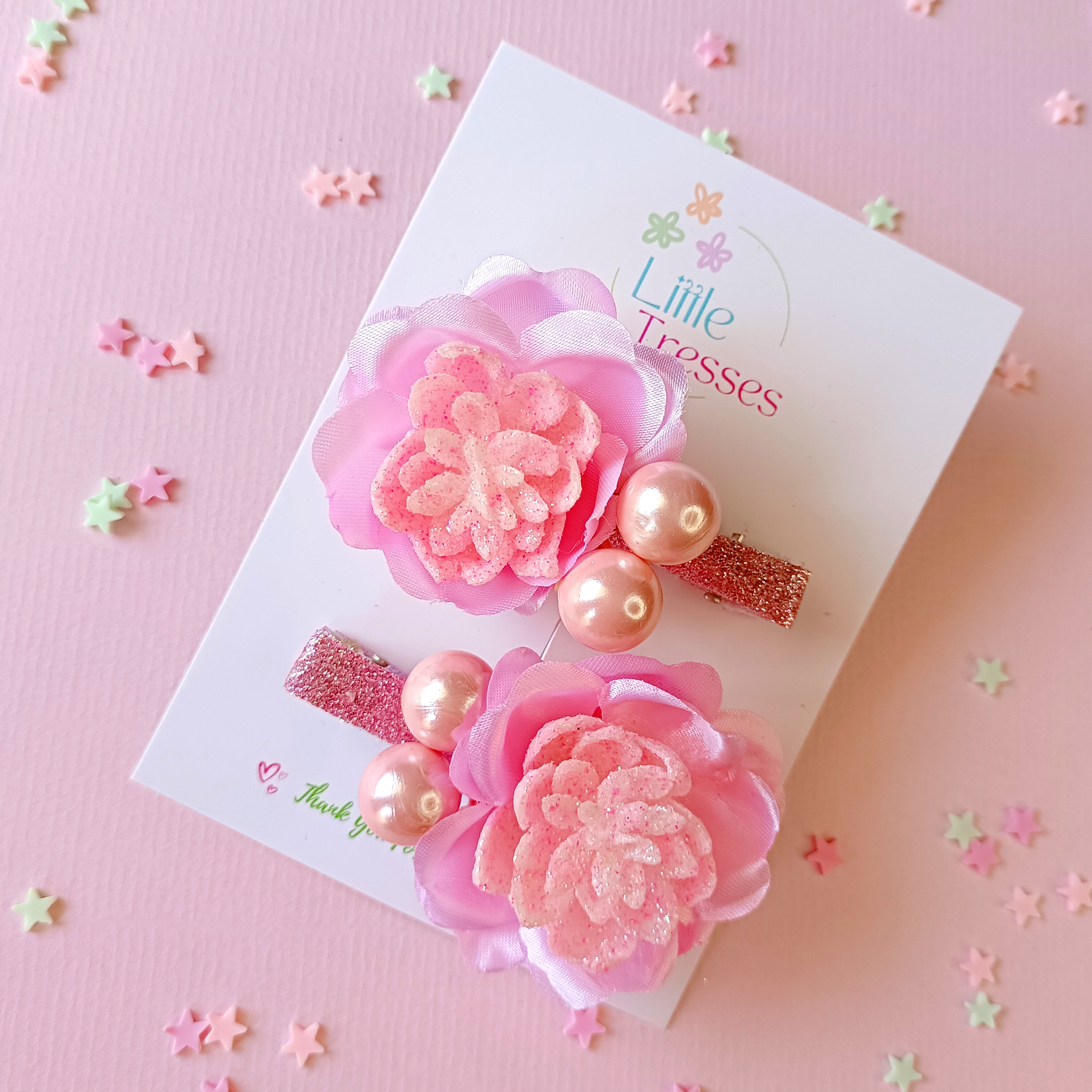 Flower & Cherry Ball Alligator Clips Pair - Pink