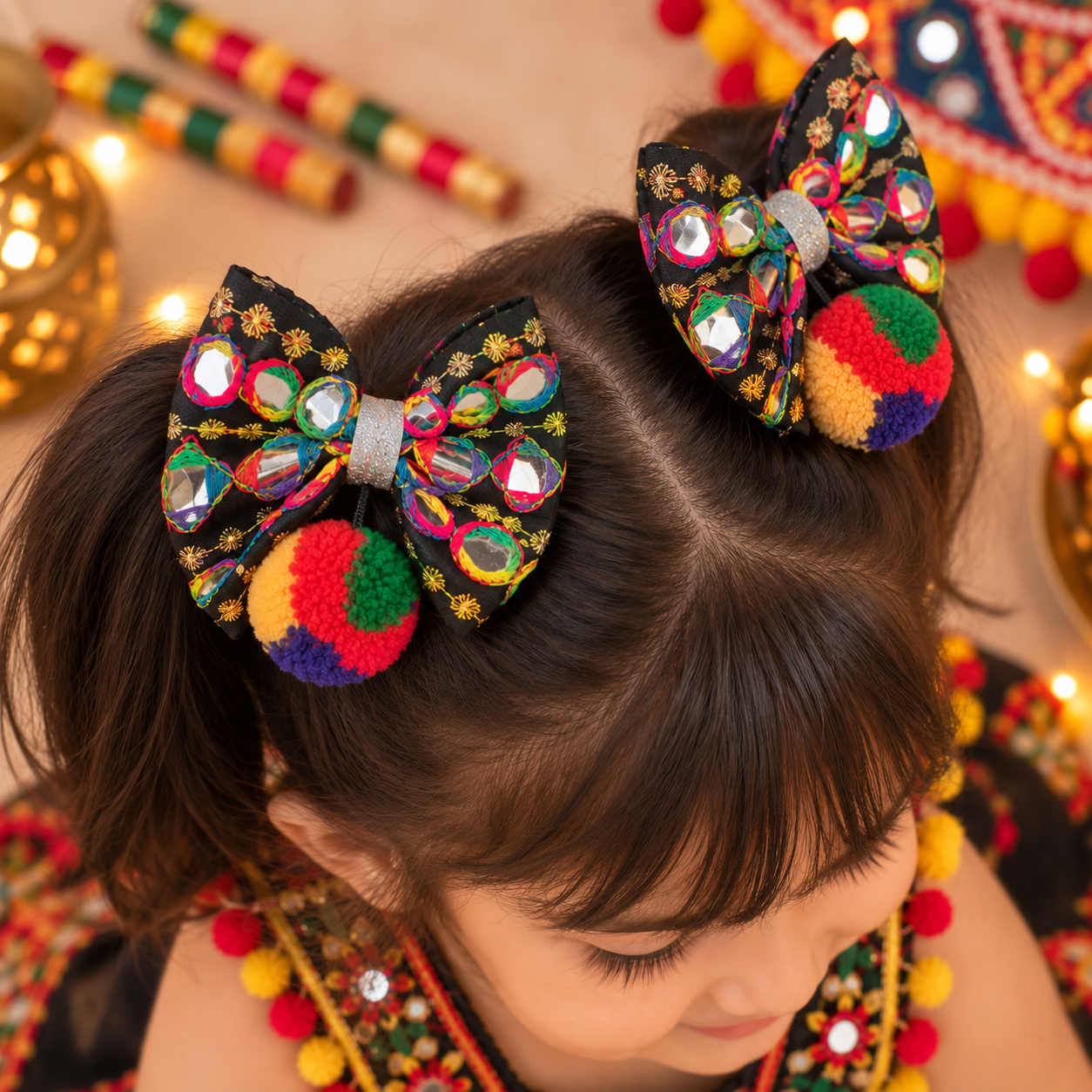 Navratri Bow with Dangling Pom-Pom Alligator Clip Pair
