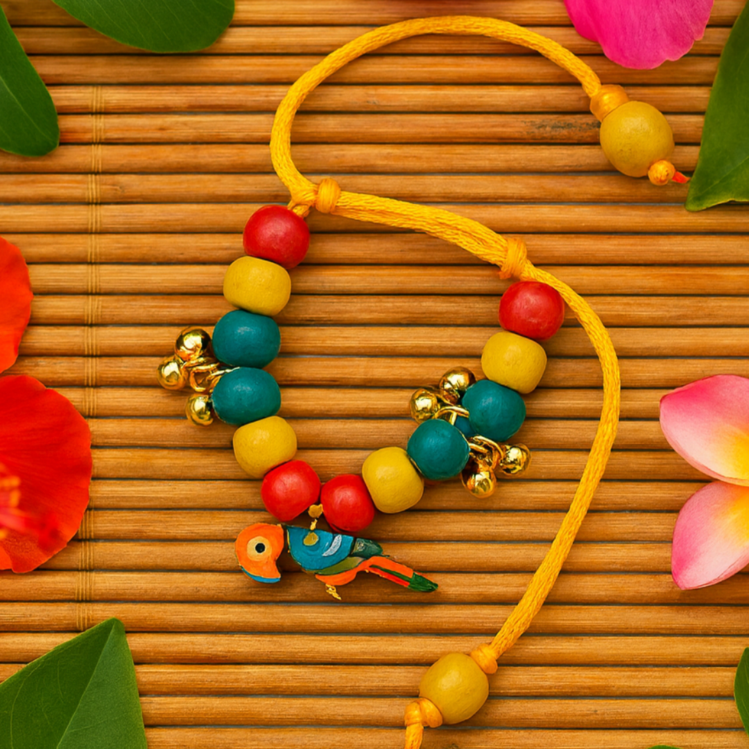 Boho Parrot Adjustable Bracelet with Ghungroo & Colorful Beads - Orange