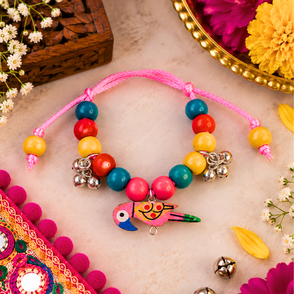 Navratri Parrot Adjustable Bracelet with Ghunghroo - Pink