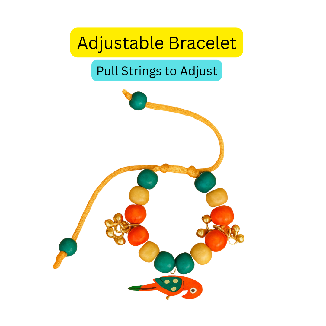 Boho Parrot Adjustable Bracelet with Ghungroo & Colorful Beads - Red