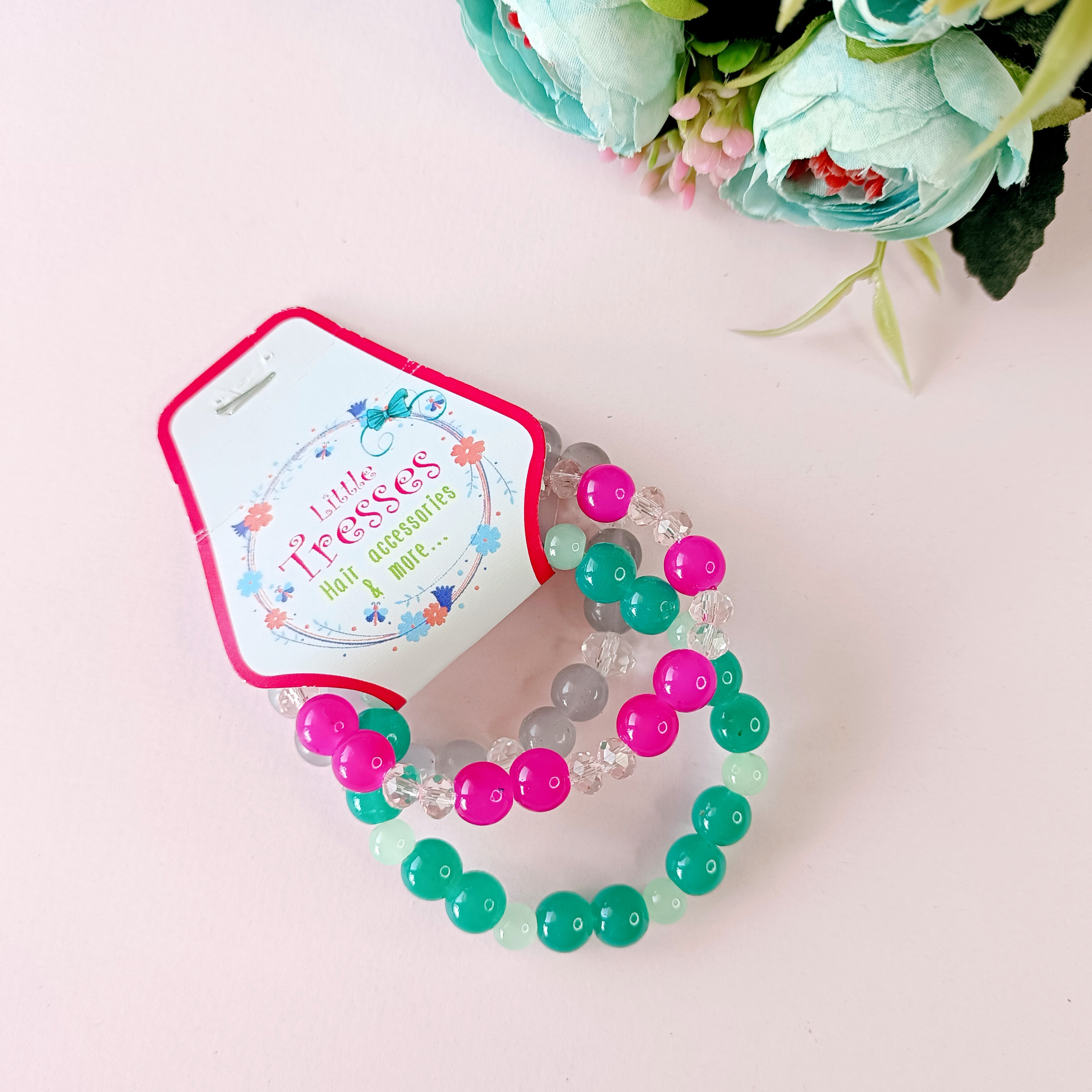 Set of 3 Glass Beads Bracelets - Pink, Green, Grey