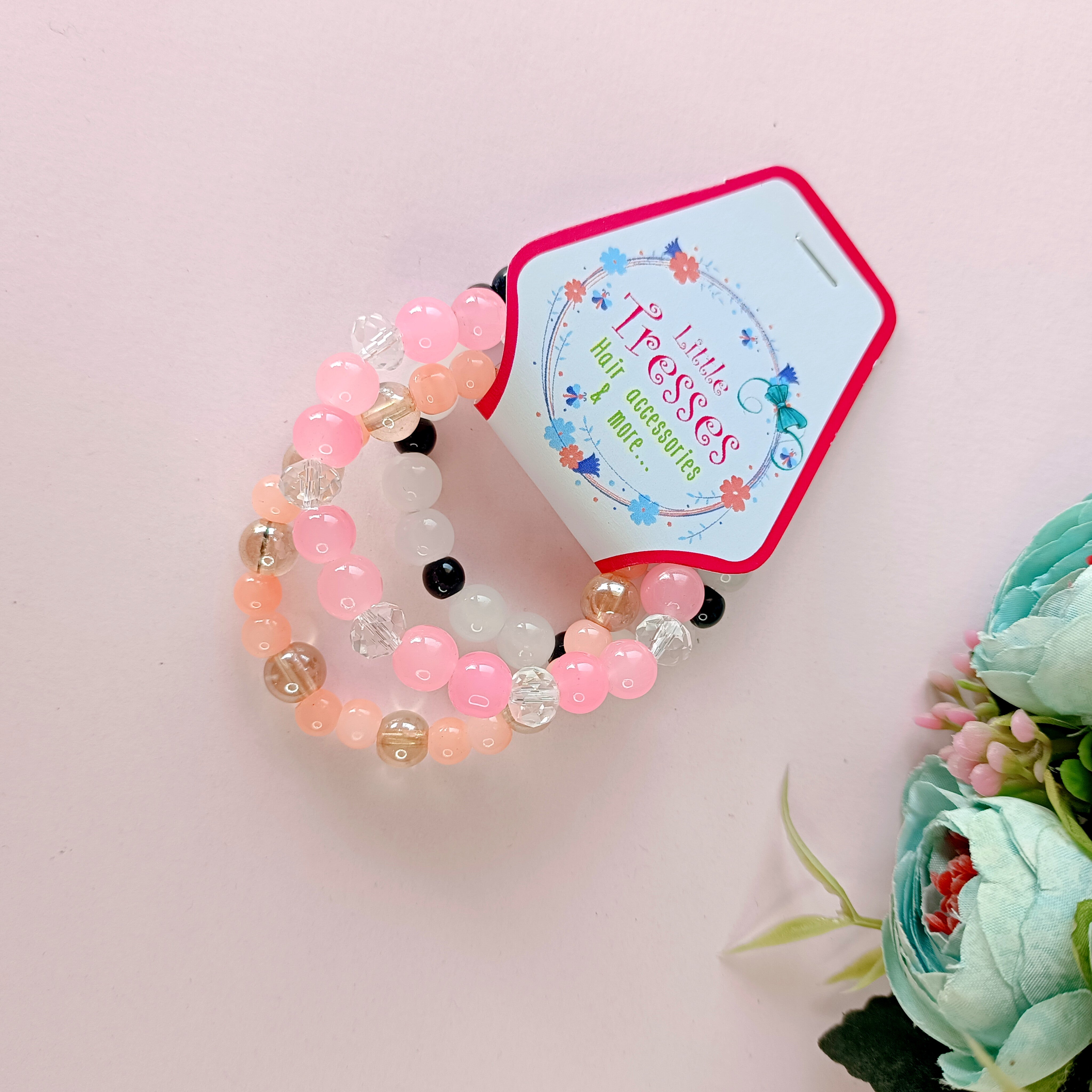 Set of 3 Glass Beads Bracelets - Pink, Peach, Black & White