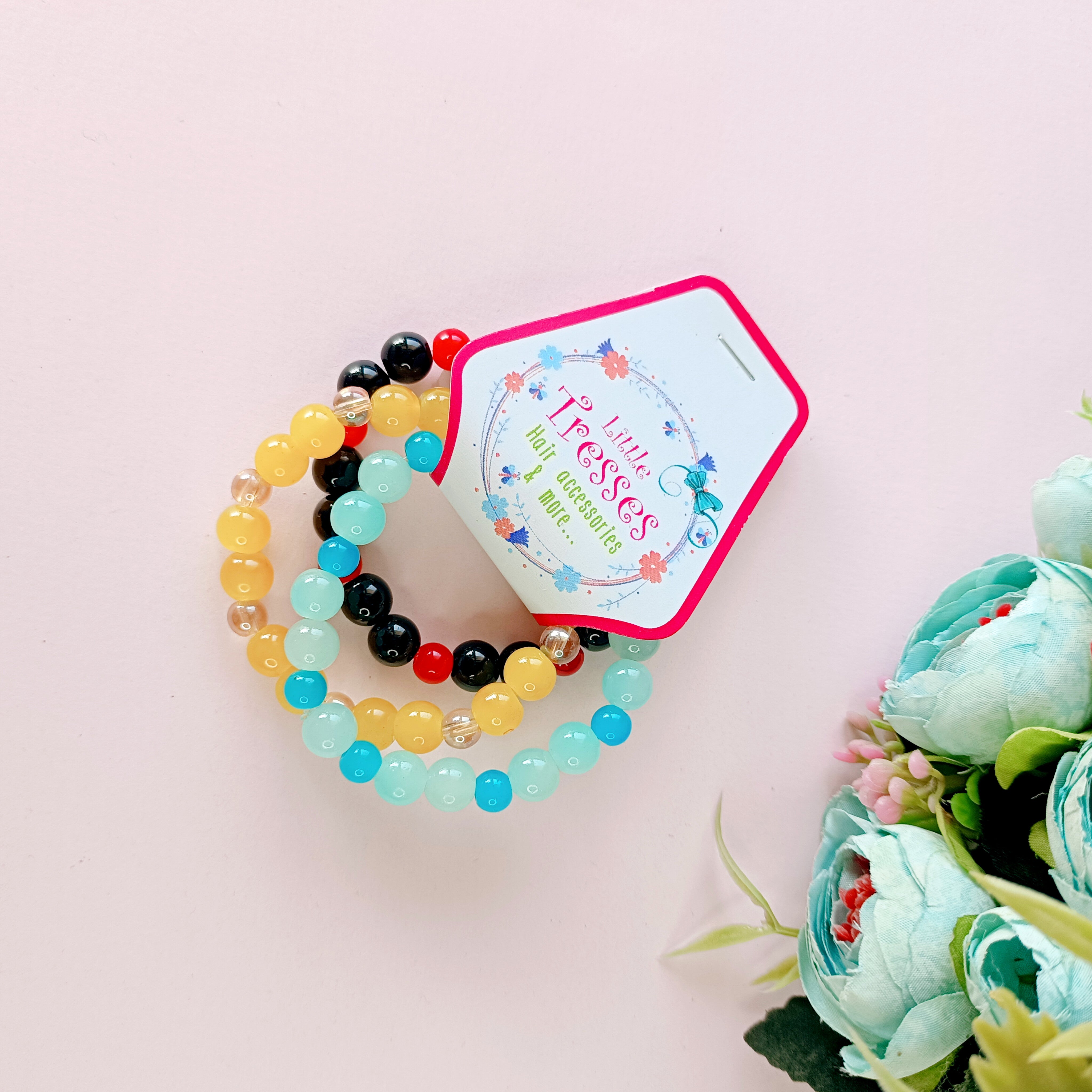 Set of 3 Glass Beads Bracelets - Blue, Yellow, Red & Black