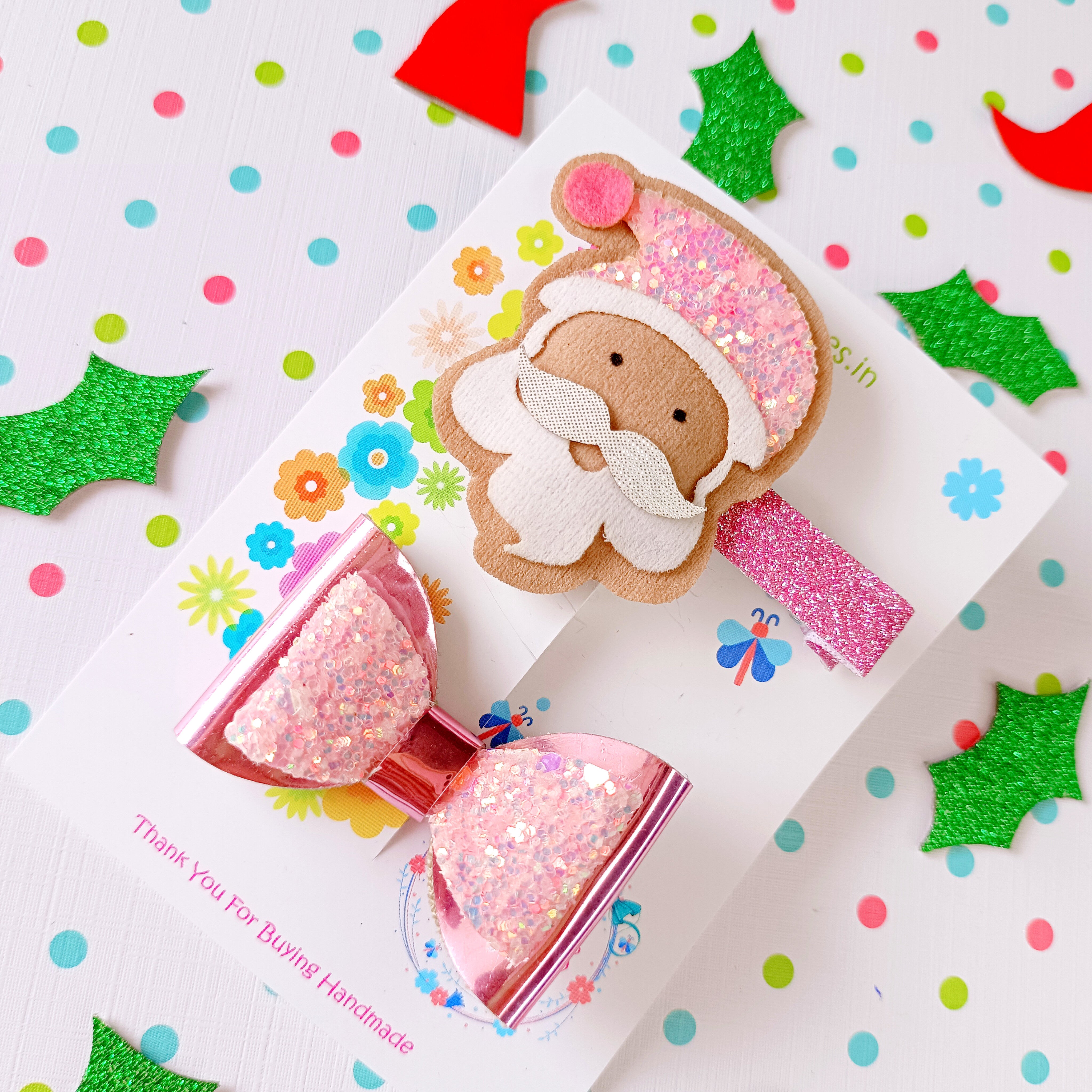 Combo of Santa and Bow Clip - Light Pink