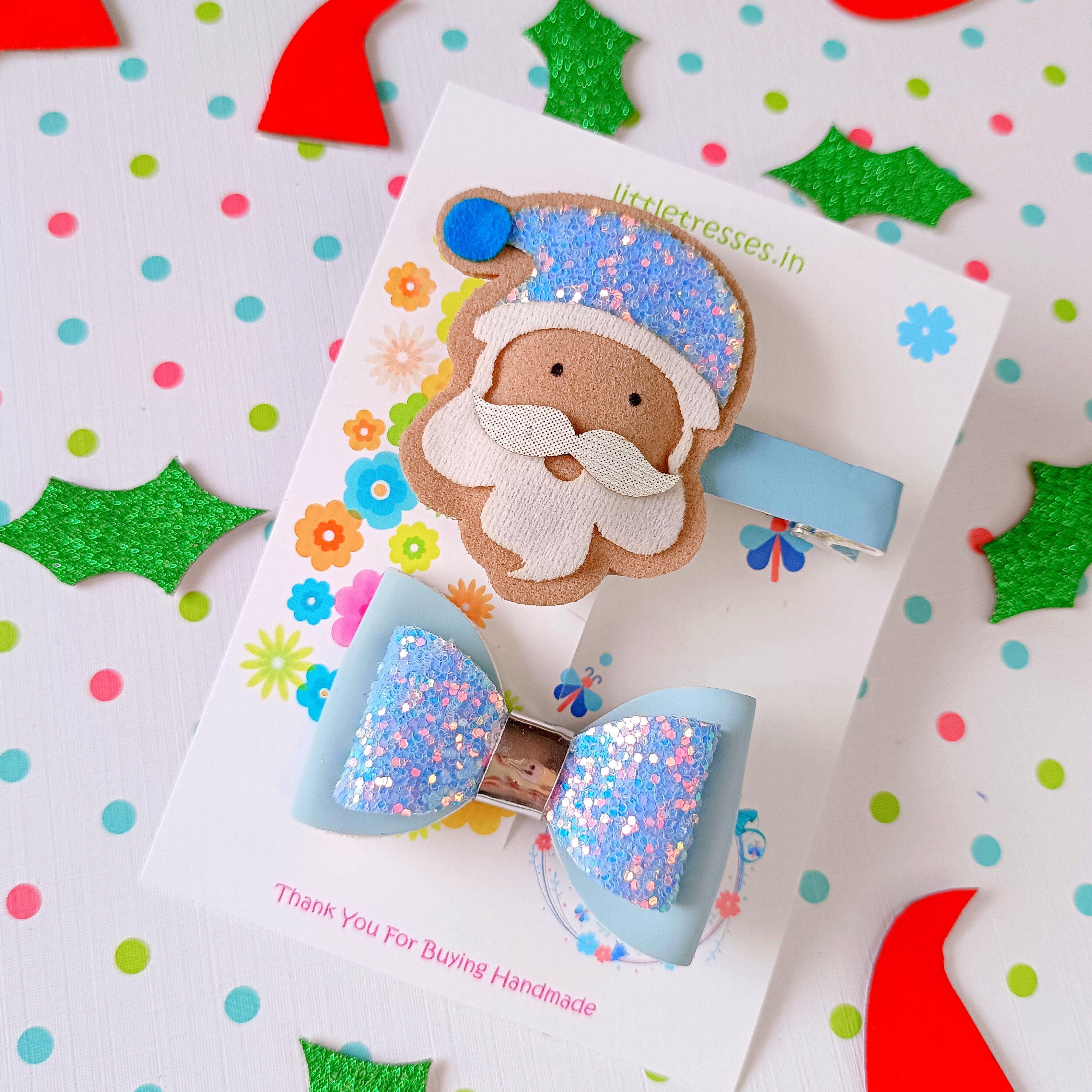 Combo of Santa and Bow Clip - Light Blue