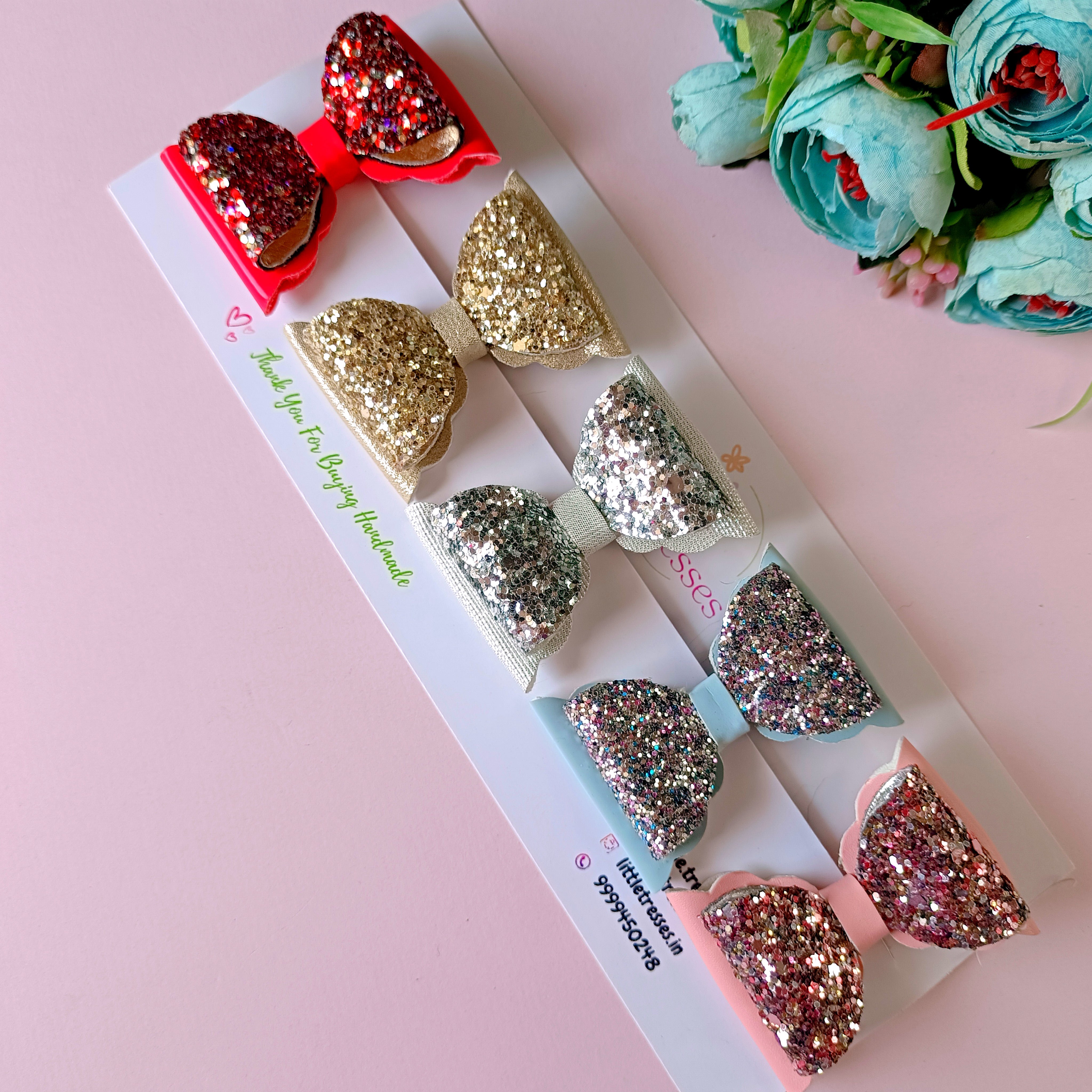 Combo of 5 Glitter Scalloped Bow Alligator Clips
