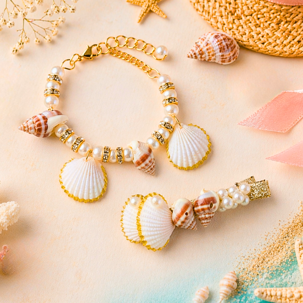 Coral Dreams Mixed Shell and Pearls Alligator Clip & Bracelet