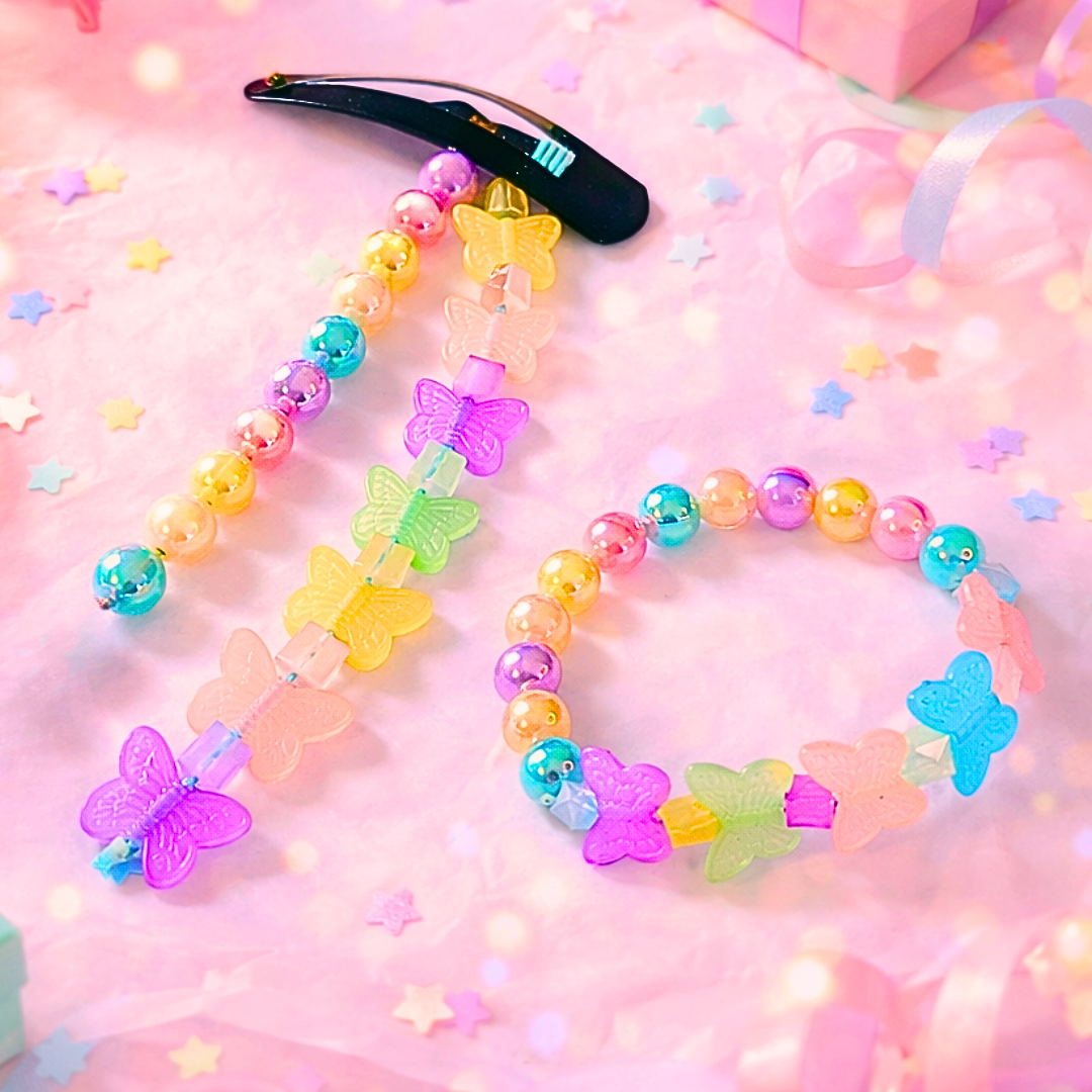 Multicolor Butterfly & Bead Snap Clip with Matching Bracelet Set