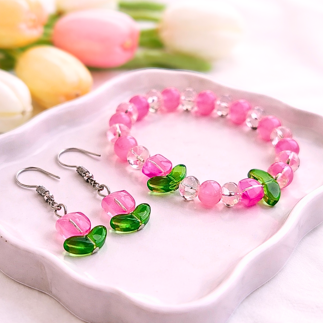 Pink Tulip Bracelet and Earrings Jewelry Gift Box