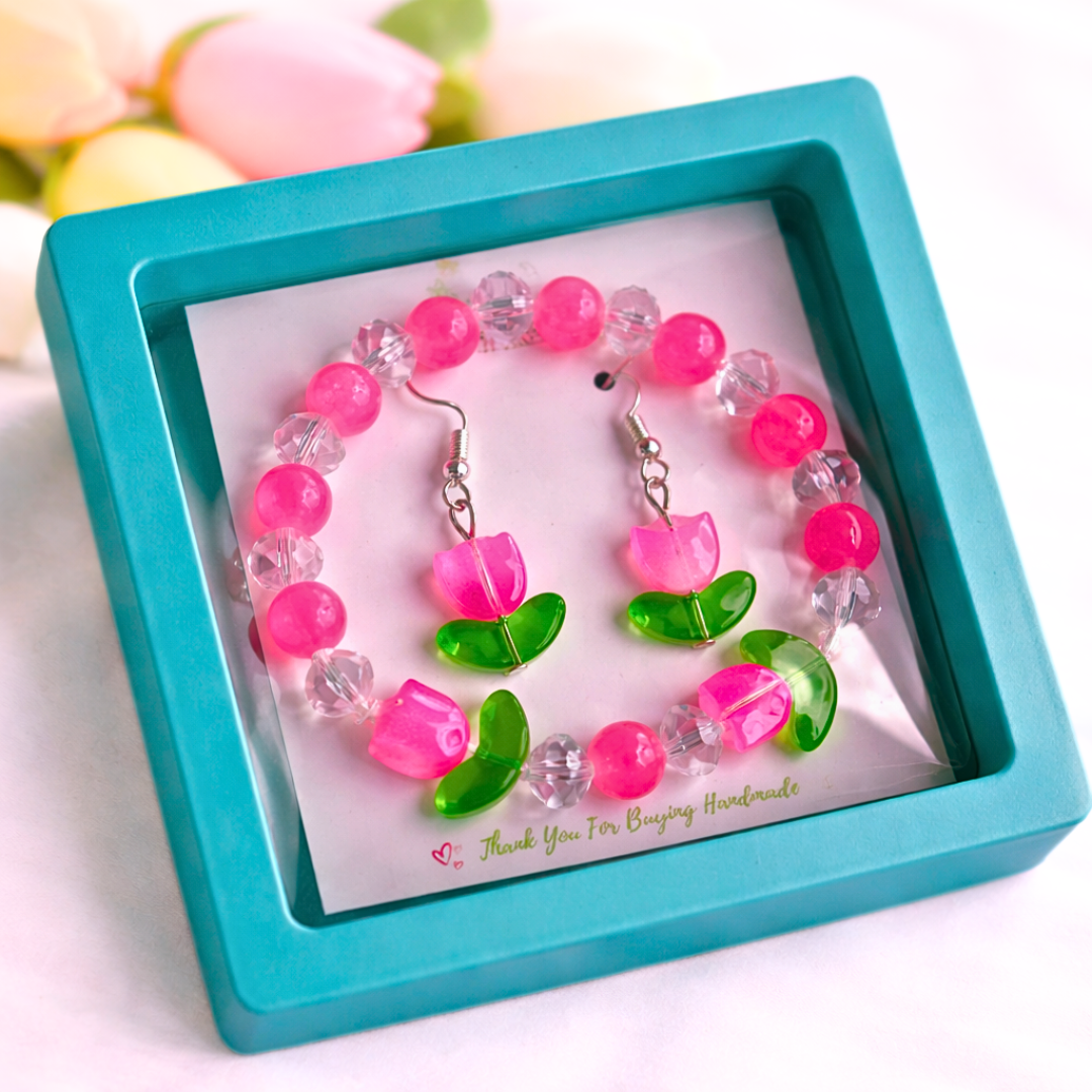 Pink Tulip Bracelet and Earrings Jewelry Gift Box