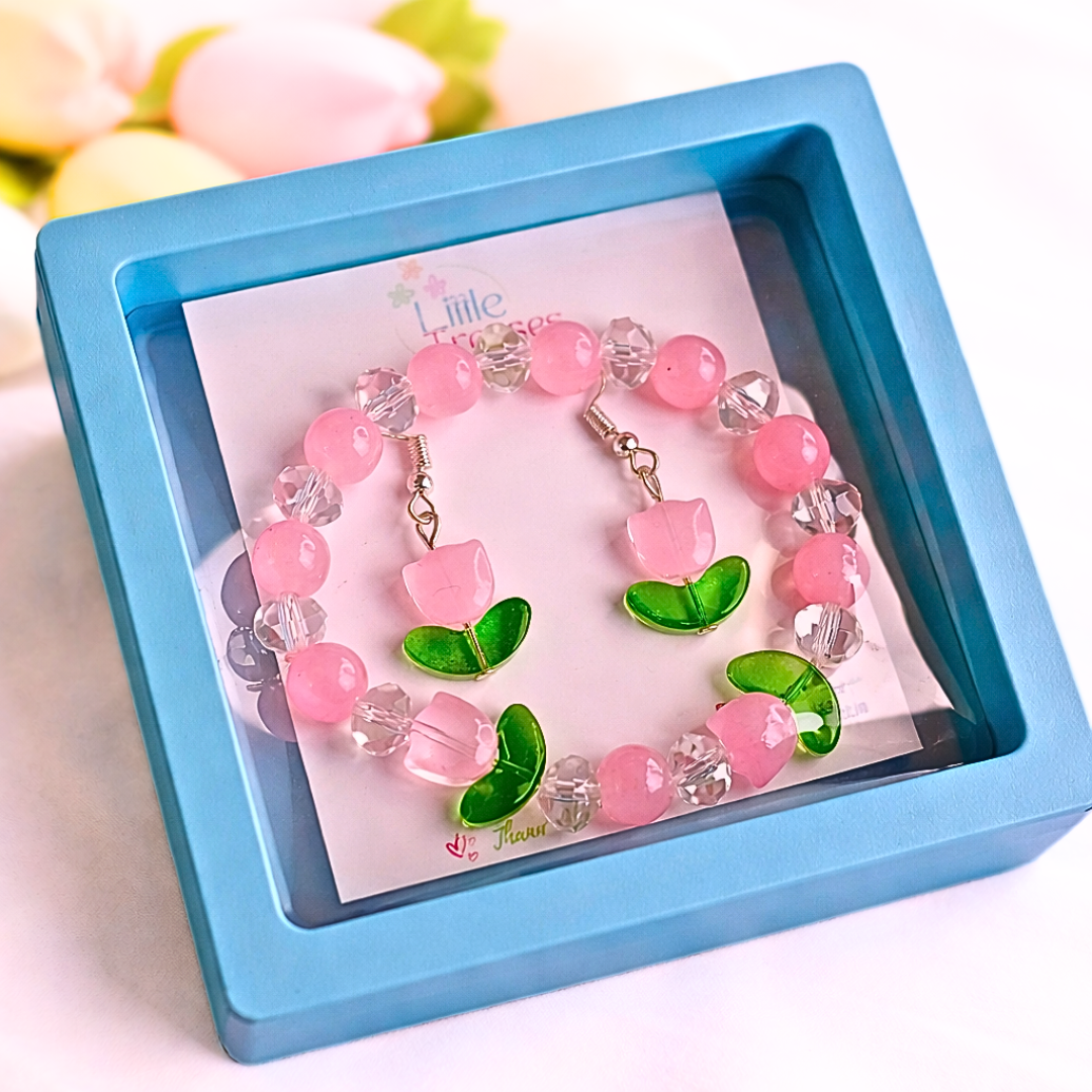 Baby Pink Tulip Bracelet and Earrings Jewelry Gift Box