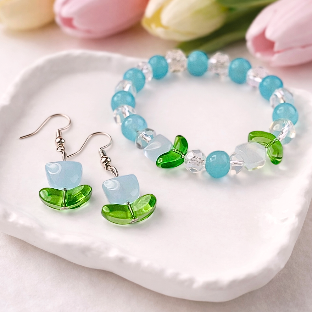 Blue Tulip Bracelet and Earrings Jewelry Gift Box