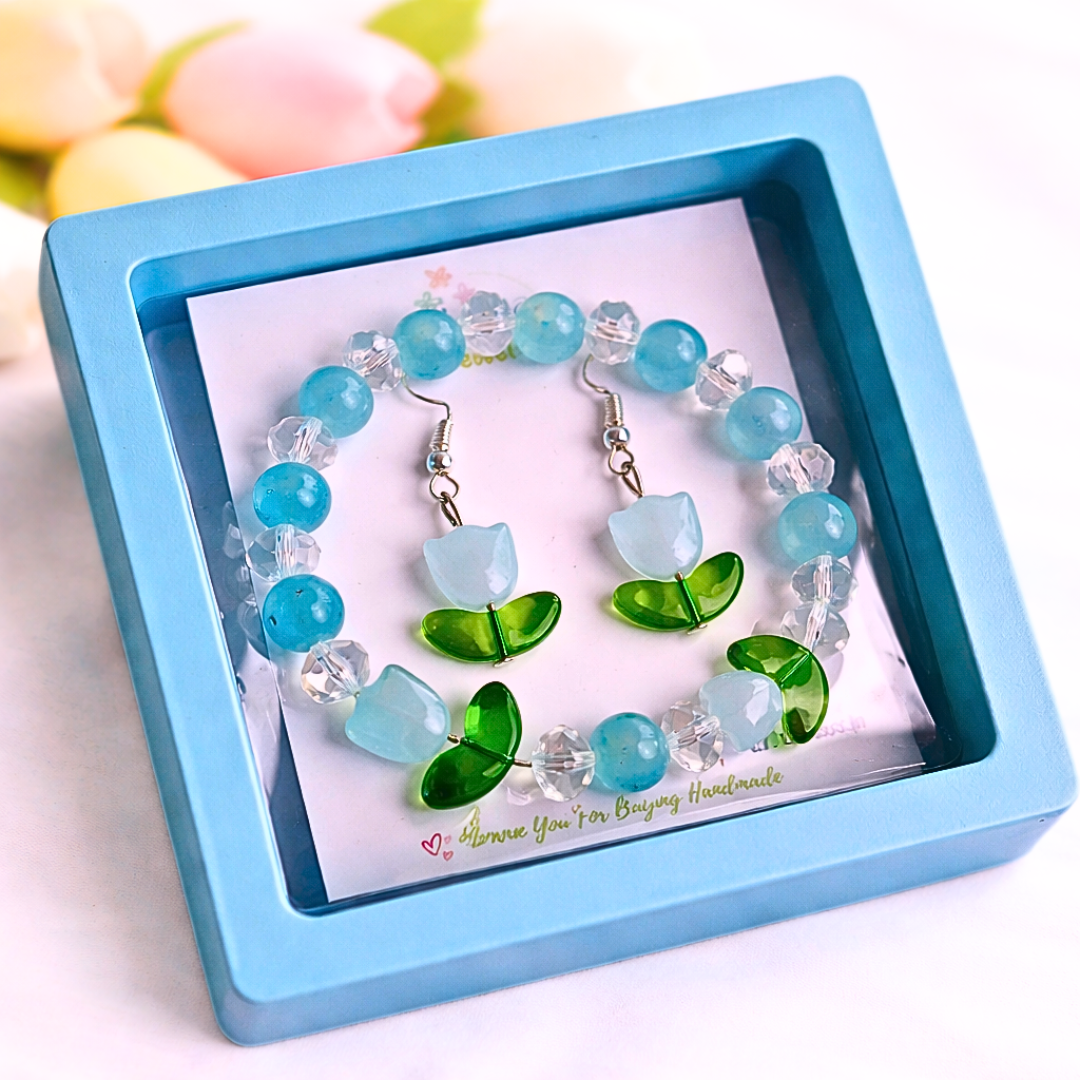 Blue Tulip Bracelet and Earrings Jewelry Gift Box