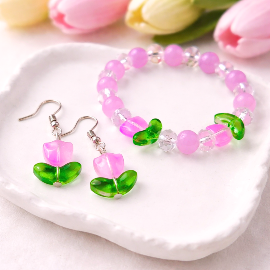 Lavender Tulip Bracelet and Earrings Jewelry Gift Box