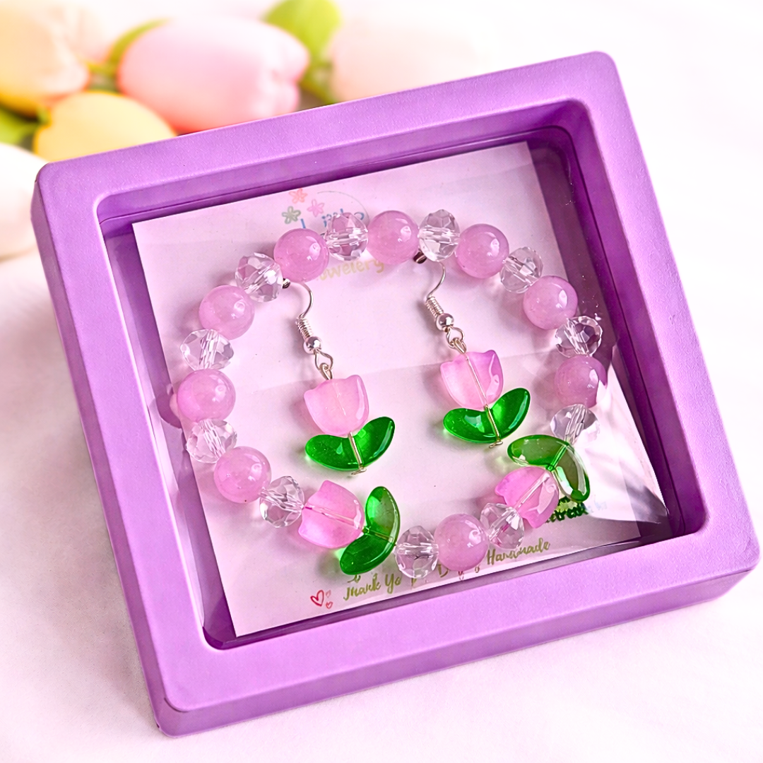 Lavender Tulip Bracelet and Earrings Jewelry Gift Box