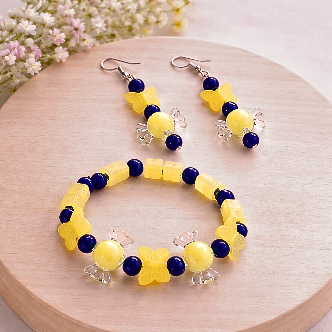 Yellow & Blue Toffee Bracelet and Earrings Jewelry Gift Box
