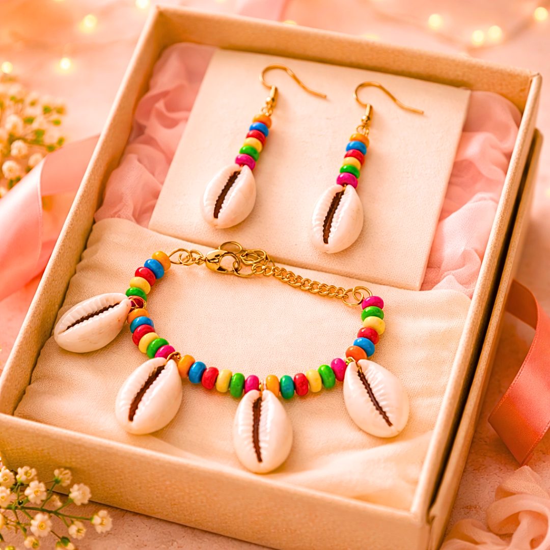 Multicolor Cowrie & Wooden Bead Bracelet with Matching Earrings Set